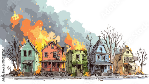 Devastated Houses Confronting Fire & Natural Calamities, Vector Illustration