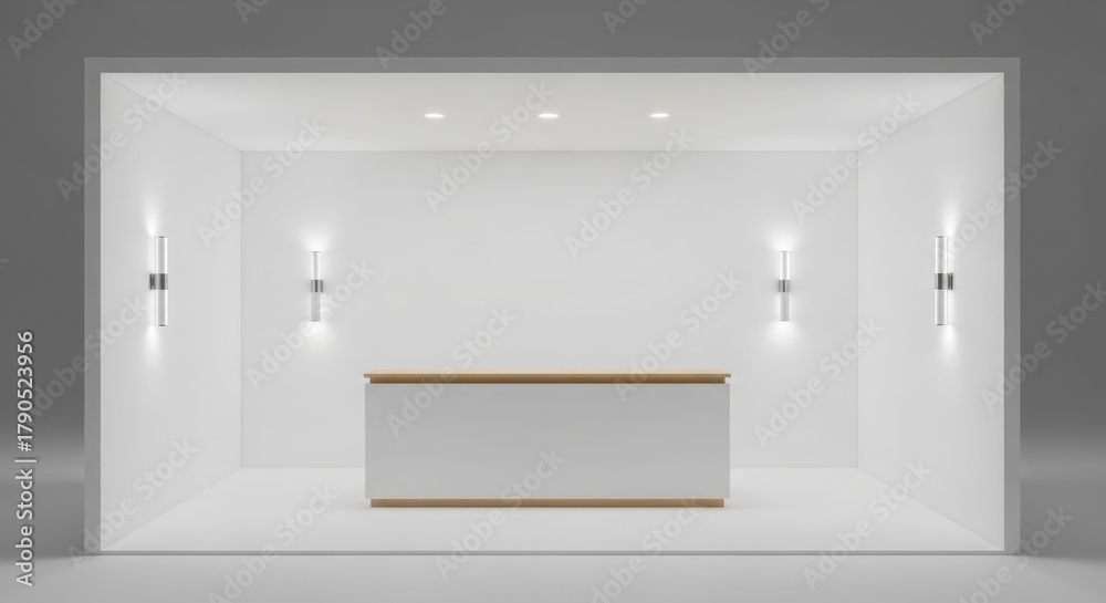 Fototapeta premium A minimalist, empty white exhibition stand with a counter and modern lighting.
