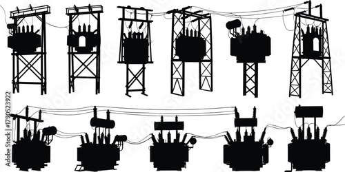 Silhouette vector illustration of electrical transformers on support structures—power distribution system, voltage infrastructure, substation layout, industrial energy network design