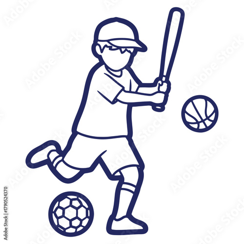 A sporty kid in action representing childhood fun games and healthy lifestyle in a vector outline illustration