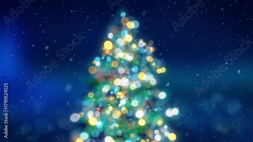 Blurred Christmas tree with glowing colorful bokeh light bulbs and ornaments background, blue holiday greeting card animation, festive New Year winter snow fall backdrop