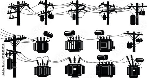 Silhouette vector illustration of electrical utility poles and transformers—power grid infrastructure, voltage system, energy distribution layout, industrial network design