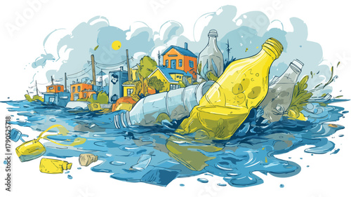Polluted Water with Household Waste and Plastic Trash in Environmental Concept