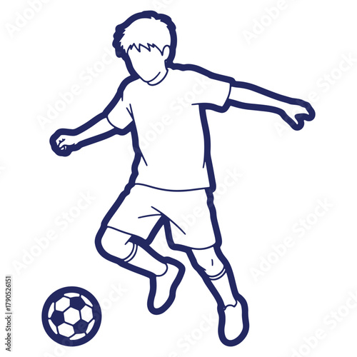 Boy Playing Soccer with Focus and Determination in a Minimalist Line Art Style Ready to Score a Goal