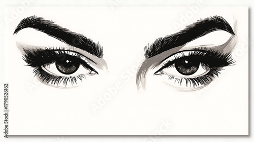 two eyes with thick eyebrows and eyelashes.