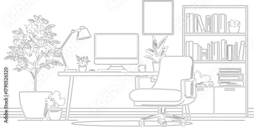 Abstract sketch art of a interior office room or interior design with line of various geometry.