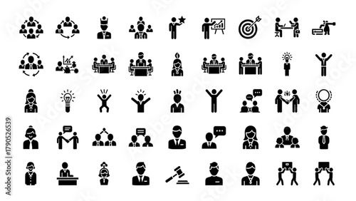 54 Business People Silhouette Icons Set – Teamwork, Leadership, Office, and Corporate Symbols