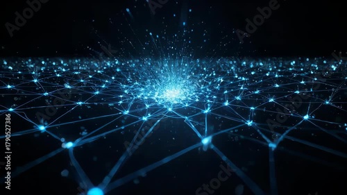 A dynamic 4K animation of glowing blue network connections forming a digital web in a dark space, particle trails and neon dots linking together, symbolizing data and technology.