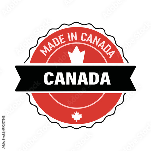 Made in Canada Red Black Circle Seal with Maple Leaf Canadian Production National Pride Local Products Support  
