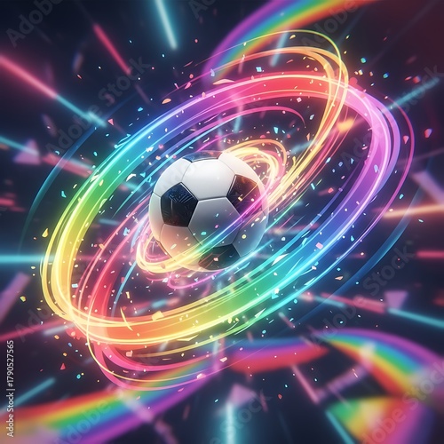 Soccer ball flying through rainbow-colored motion trails, dynamic energy, bright and modern