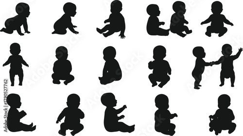 Baby silhouette vector, crawling infant pose, toddler movement icon, child development stages, playful baby clipart, black shape