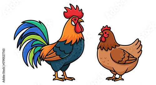 Colorful Rooster and Hen Illustration Farm Animals Cartoon Style Isolated on White