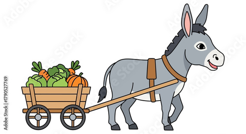 Cartoon Donkey Pulling a Cart of Fresh Vegetables Farm Harvest Illustration
