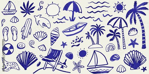 Collection of hand drawn blue summer beach vacation icons and symbols on a light background