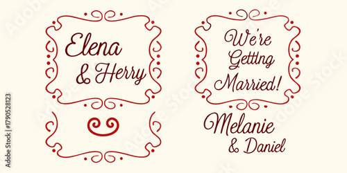 Elegant red decorative frames with wedding announcements featuring couple names and marriage celebration message