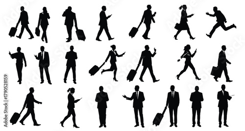 Business, travel, silhouette, corporate, people, luggage, airport, mobile, professional, walking, teamwork, commuting, global, connection, communication, mobility, diversity, productivity