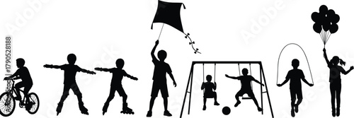 Children, kids, play, outdoor, silhouette, bicycle, roller skate, kite, swing, jump rope, balloons, fun, activity, motion, recreation, childhood, happy, freedom, park, energy