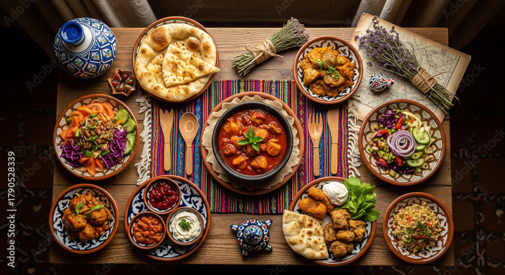 Fototapeta premium A top-down flat lay of a rustic table filled with a colorful feast of Middle Eastern or Mediterranean dishes, including stew and flatbread.