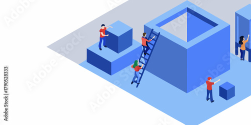 Diverse team of people working together to build and assemble geometric shapes in an isometric perspective