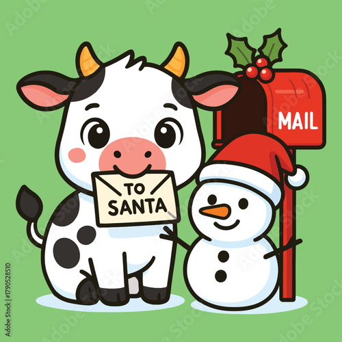 Cute cartoon cow with snowman sending a letter to santa claus by a festive christmas mailbox