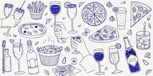 Hand drawn doodle illustration of a celebratory gathering with pizza drinks and snacks