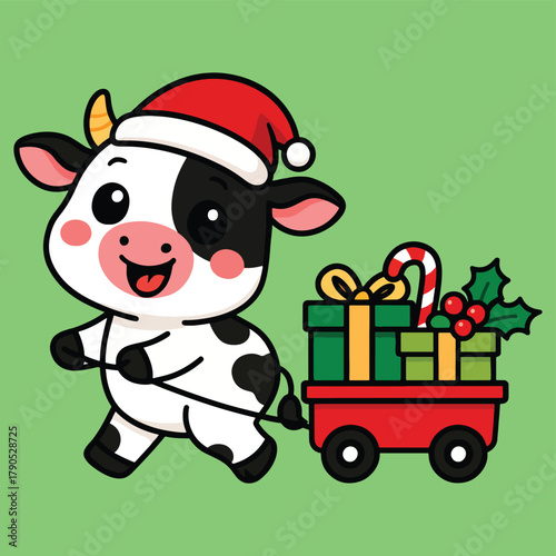 Adorable cartoon cow in santa hat pulling a red wagon brimming with festive christmas gifts and holiday cheer