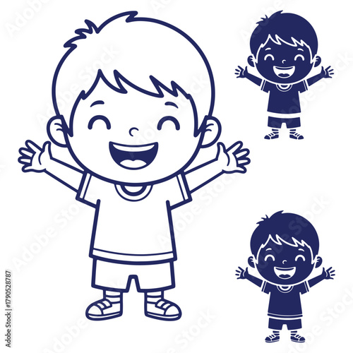Cheerful cartoon boy with arms outstretched feeling happy and excited with additional smaller versions showing versatility and design applications