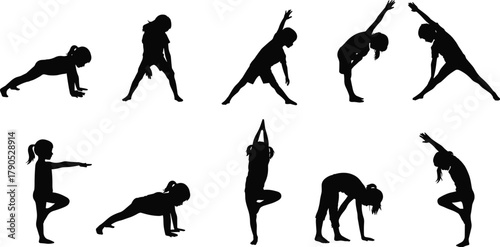 Children practicing yoga poses, silhouette illustration, mindfulness for kids, balance, flexibility, wellness, exercise, healthy lifestyle, calm focus, peaceful movement, childhood fitness