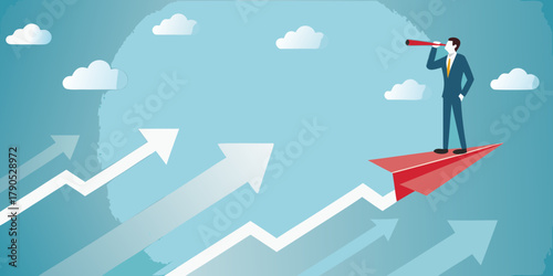 Businessman riding a red paper airplane looking through a telescope towards the future with upward trending arrows