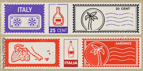 Collection of vintage italian postage stamps featuring iconic symbols and products like grapes bottles palm trees and sardines