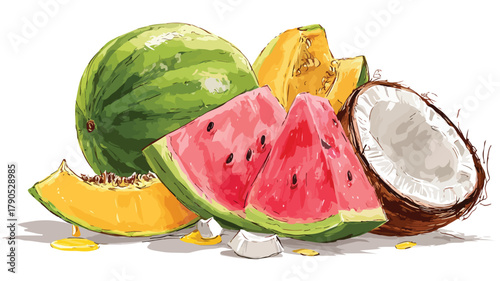 Exotic Fruits Composition with Watermelon and Coconut for Vibrant Stock Photos