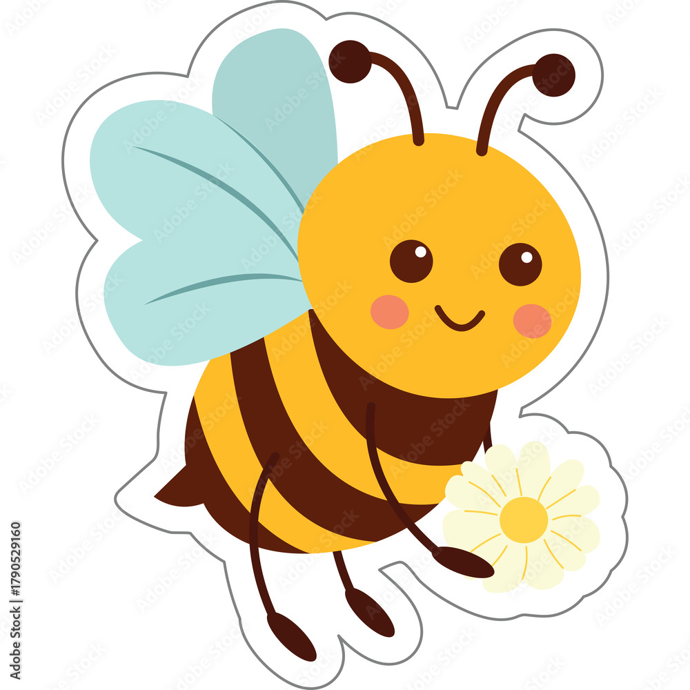 Obraz premium Cute cartoon bee with yellow and brown stripes and light blue wings holding a small white flower and smiling with blush on cheeks set against a clean white background illustration
