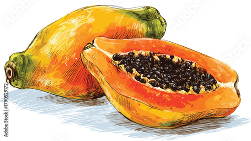 Vibrant Fresh Papaya Fruit Whole and Sliced Vector Illustration
