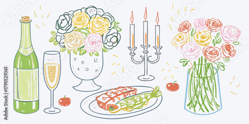 Romantic dinner celebration with champagne flowers and candles illustration