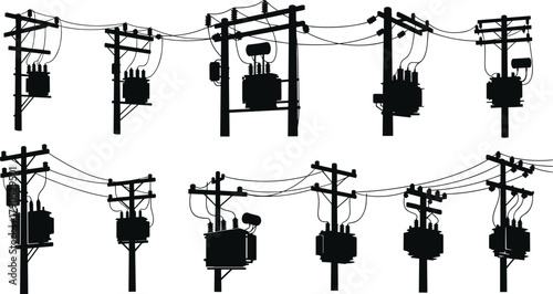 Silhouette vector illustration of electrical utility poles with transformers—power distribution system, voltage infrastructure, energy grid layout, industrial network design