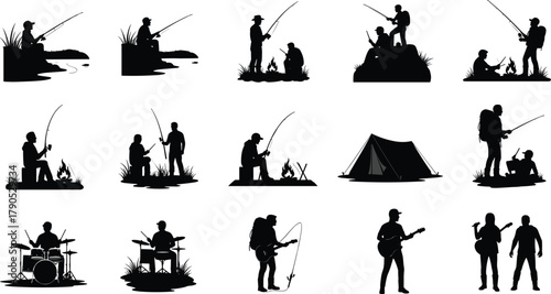 Silhouette vector illustration of outdoor activities—camping, fishing, hiking, music playing, social interaction, nature recreation, forest lifestyle, leisure adventure scene
