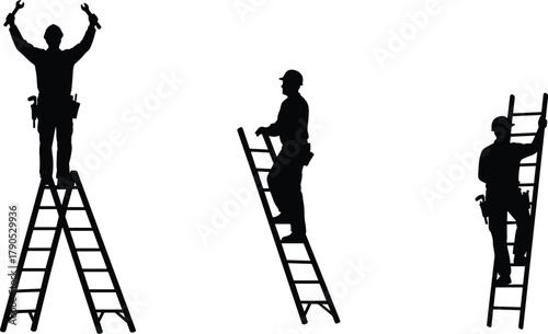 Construction workers, ladder safety, manual labor, silhouettes, tool belt, elevated work, teamwork, climbing, maintenance, industrial, repair, scaffolding, height, caution, balance, job site