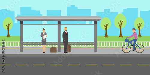 Business people waiting at a bus stop with a cyclist passing by in a city park setting