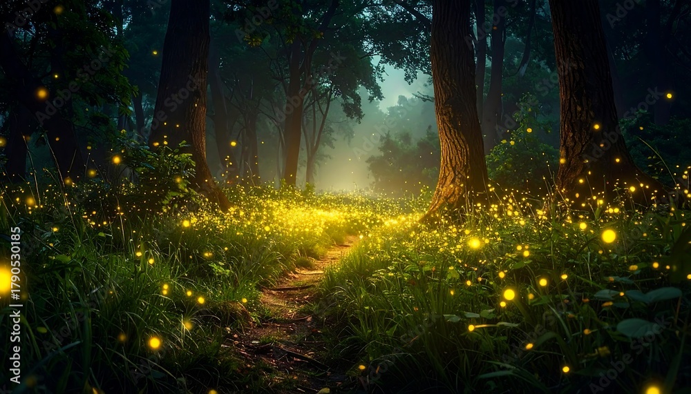 Fototapeta premium Forest path illuminated by magical fireflies and dappled sunlight. Light and shadows blend in this dreamy woodland scene