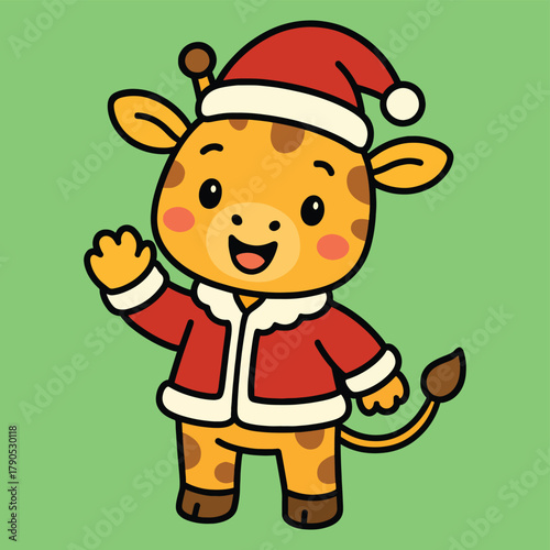 Cute cartoon baby giraffe character wearing santa hat and coat, cheerfully waving hand, holiday season illustration