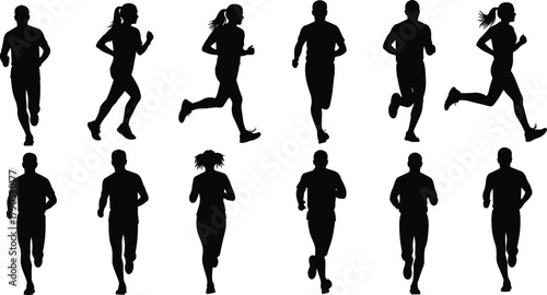 Silhouette vector illustration of people running—fitness motion, athletic posture, jogging styles, human movement, sports training, exercise activity, dynamic poses
