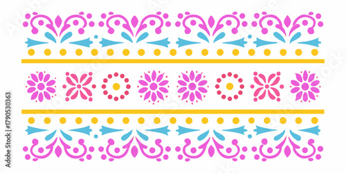 Colorful mexican folk art inspired floral border design with geometric patterns and bright colors