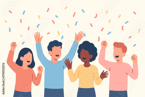 Happy People Celebrating with Colorful Confetti in Modern Flat Style