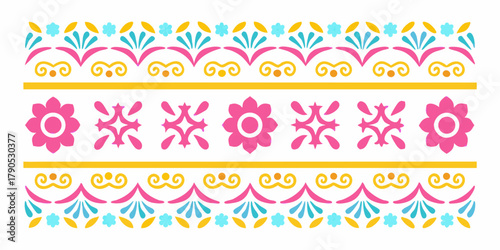 Vibrant mexican talavera inspired floral and geometric border design with pink blue and yellow colors