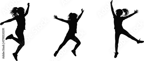 Energetic girl silhouette jumping, expressive motion, joyful leap, ponytail dancer, dynamic pose, black figure, white background contrast