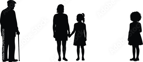 Generations silhouette, family unity, elderly with cane, adult holding child, childhood bond, human life stages, togetherness concept