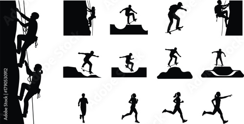 Silhouette vector illustration of rock climbing, skateboarding, and running—outdoor sports, physical activity, fitness motion, adventure lifestyle, athletic movement