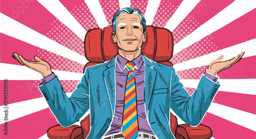 Pop art illustration of a confident senior businessman sitting in a power executive chair.