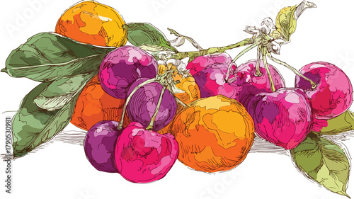 Vibrant Ripe Juicy Fruit Bunch Bouquet Wrap Vector with Outlines