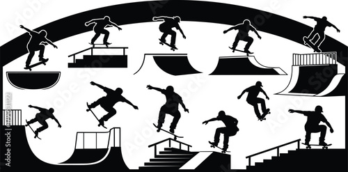 Silhouette vector illustration of skateboarders performing tricks in skatepark—ramp action, urban sport, extreme movement, youth culture, dynamic poses